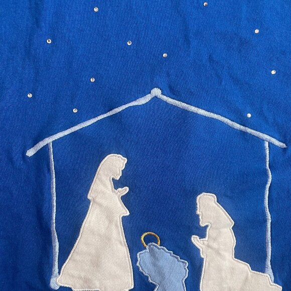 VTG 90s Collections Etc Blue Christmas Baby Jesus Manger Wisemen Cardigan Sz 2XL - Picture 6 of 7